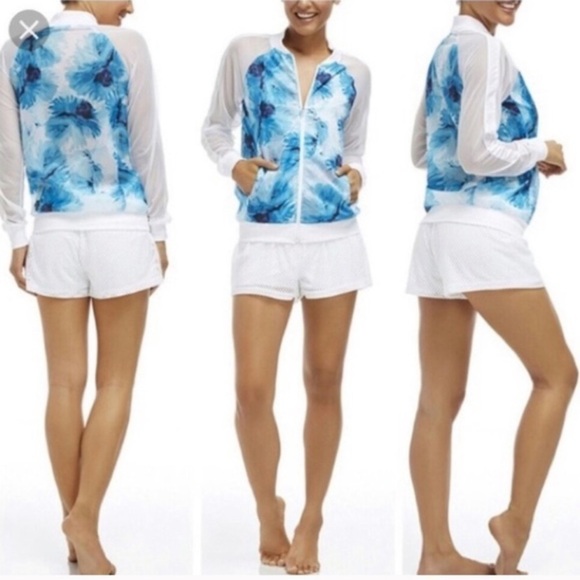 FABLETICS spring blue floral mesh sleeve zip light jacket - Picture 2 of 8